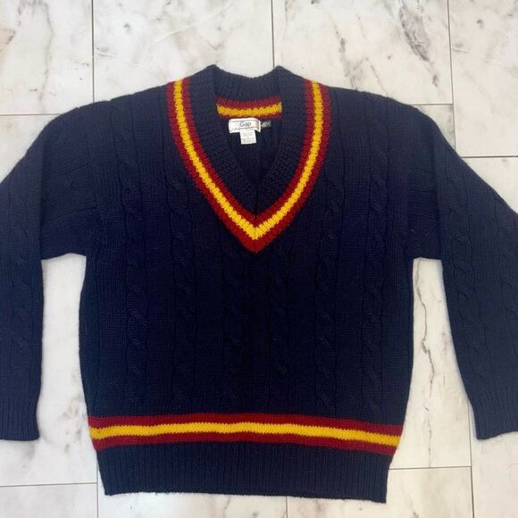 Deadstock 1990s GAP Cable Knit Cricket Sweater Navy Yellow Red Tags M - Picture 7 of 11